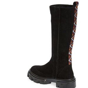 Farm Rio Boots Knee High Lug Sole Black Suede Women 7 Tall Chunky Embroidery NEW